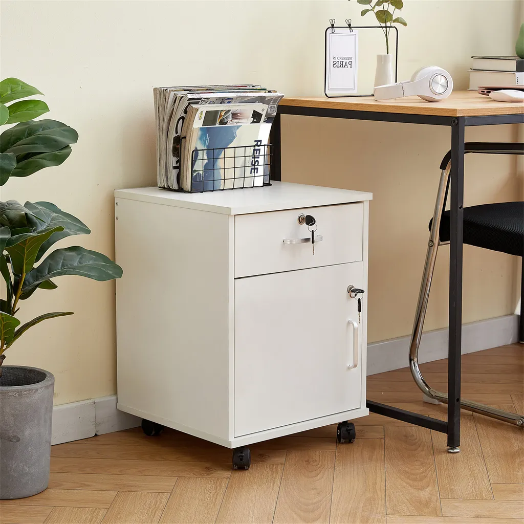 Armoire de Bureau Verrouillable en Bois Blanc avec Tiroir et Roulettes