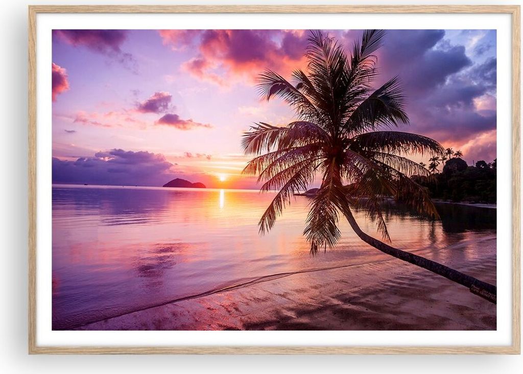 Gerahmtes Poster - Rahmen in heller Eiche - Strand Meer Palme - 100x70 cm - Wand Bild - Wanddeko - Wandbilder - Wandposter - Bilderrahmen - Bilder ...