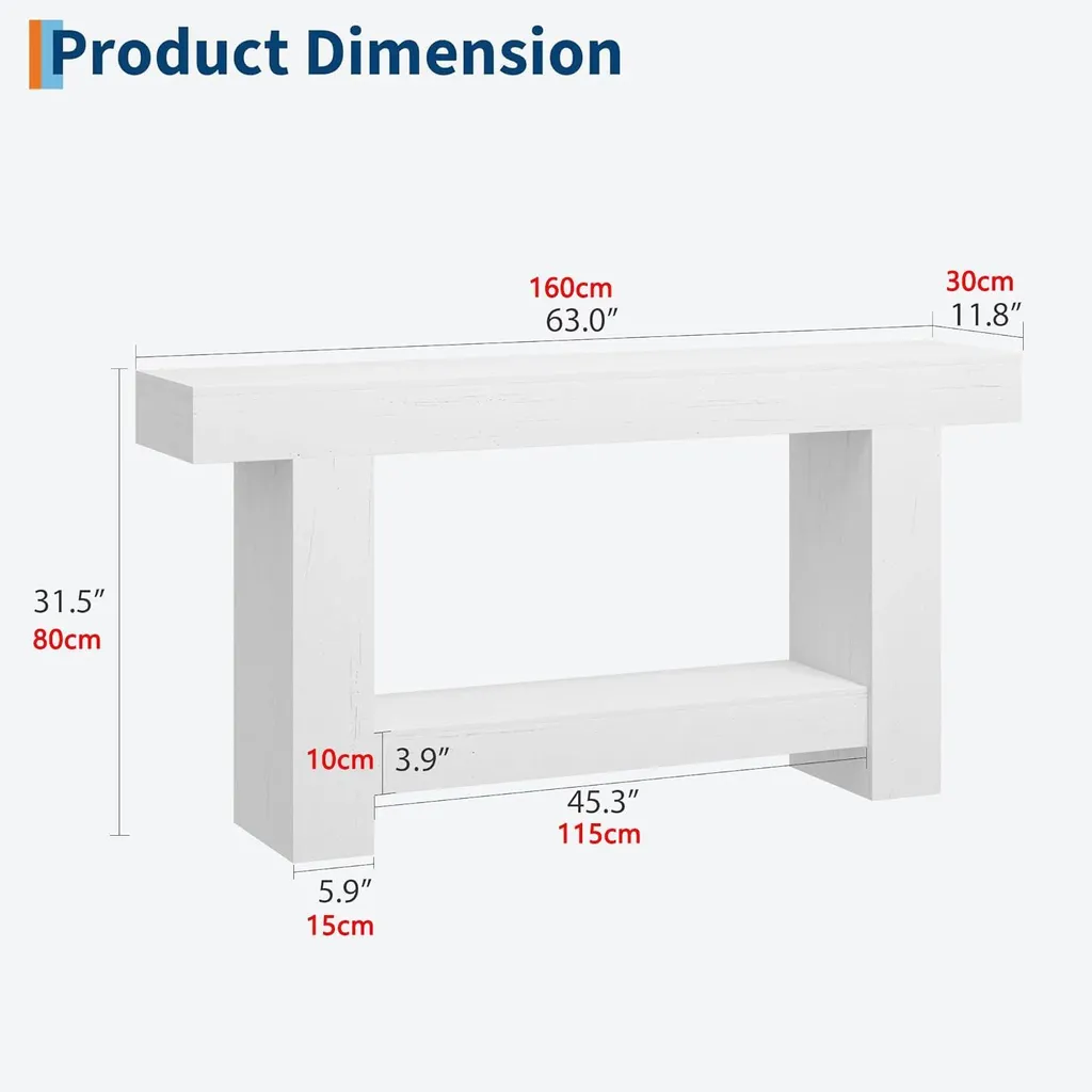 Table d'entrée en bois blanc 160 cm style antique avec étagère de rangement