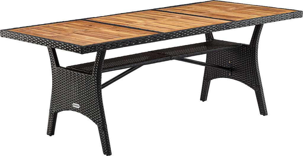 CASARIA Polyrattan Gartentisch mit Ablage FSC - zertifiziertes Akazienholz 190x90cm Höhenverstellbar Wetterfest Garten Terrasse Esstisch Tisch,...
