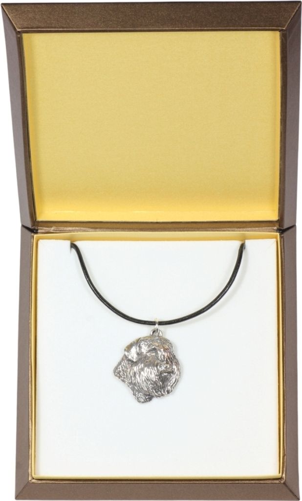 Flandrischer Treibhund, Bouvier des Flandres - Hundehalsband in Geschenkbox, versilbertes Medaillon für Hundefans, markanter Anhänger der Marke A...