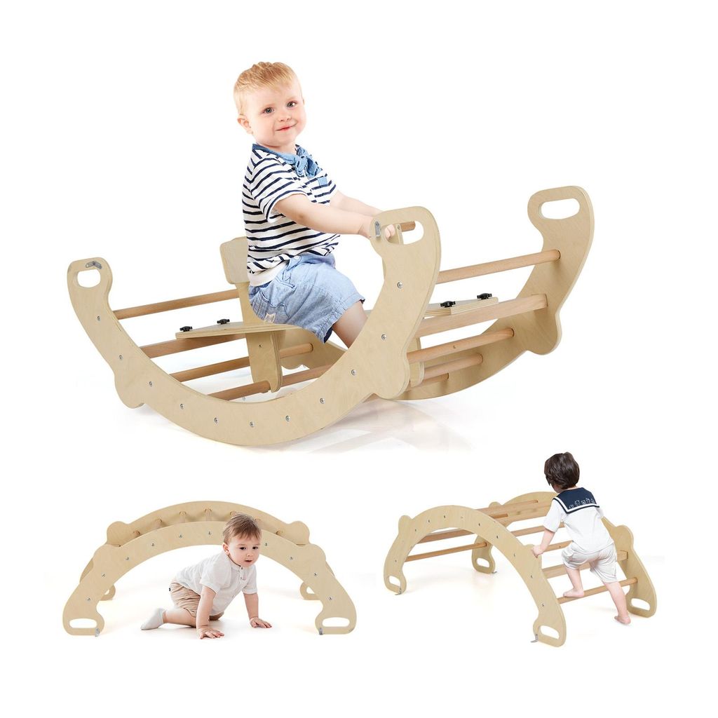 COSTWAY Kletterbogen mit abnehmbarem Sitz, 4in1 Klettergerüst Indoor zum Wippen, Schaukeln, Klettern&Krabbeln, Kletterdreieck Holz für Kinder 1+ ...
