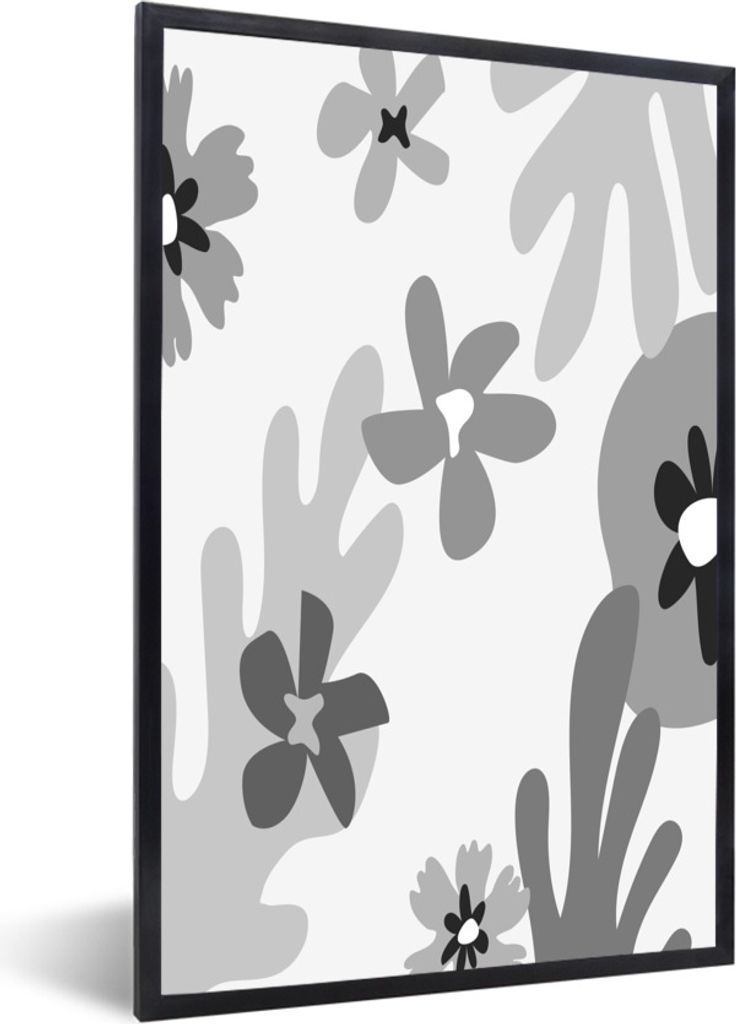 MuchoWow Gerahmtes Poster Hintergrund - Blumen - Schwarz - Weiß 20x30 cm - Poster mit Schwarzem Bilderrahmen Wandposter Rahmen Foto Bilder - Dru...