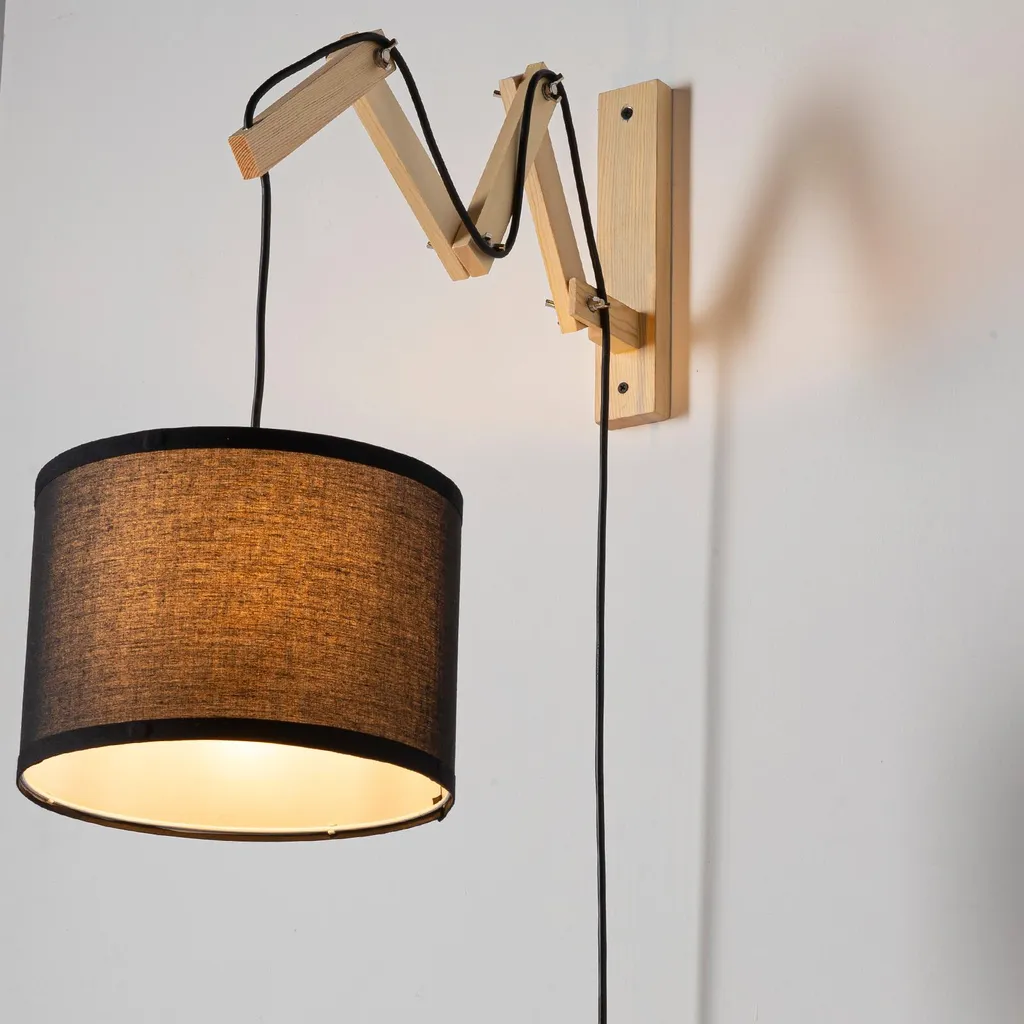 Applique murale bois gain de place ZIGZAG avec abat-jour noir orientable