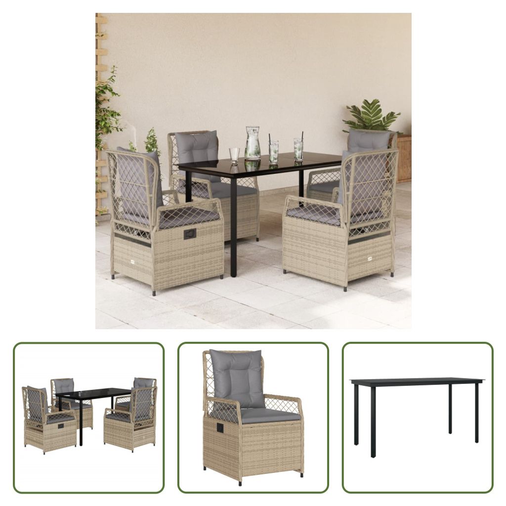 The Living Store 5-tlg. Garten-Essgruppe mit Kissen Beige Poly Rattan
