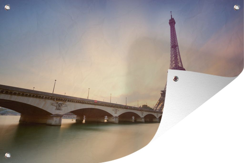 MuchoWow 90x60 cm Outdoor-Poster Gartendeko Sichtschutz Garten Poster für den Garten Paris - Eiffelturm - Brücke