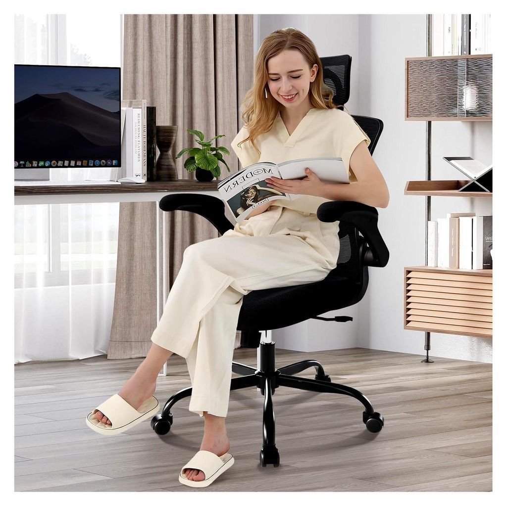 Bürostuhl Mesh mit verstellbarer Kopfstütze und Lendenwirbelstütze, ergonomischer Schreibtischstuhl mit hochklappbaren Armlehnen, 140° Wippfunk...