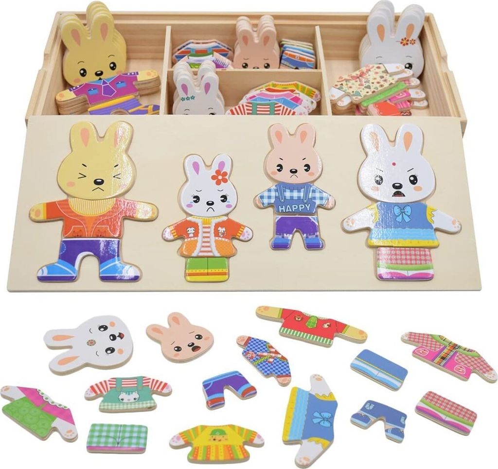 Puzzle Hölzernes Ankleide Spielzeug Bären Kaninchen Familie Produktbild 