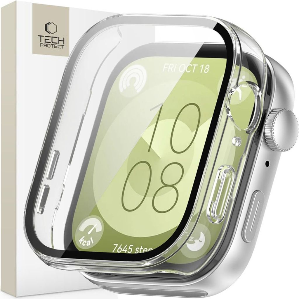 A clear protective case is shown covering a smartwatch, with the watch face displaying the time and date.