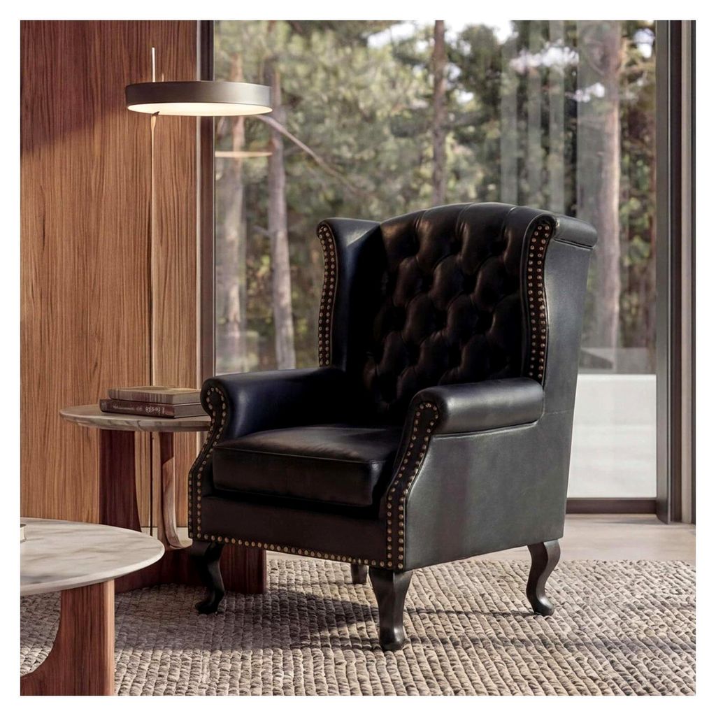 Relaxsessel Clubsessel Ohrensessel Chesterfield-AM, Kunstleder - schwarz ohne Ottomane
