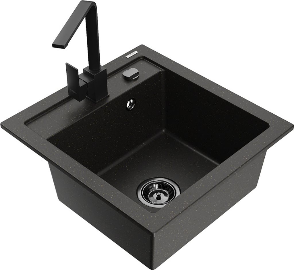 Mexen Vito 1-Becken-Granit-Spüle mit Mischbatterie Rita, Schwarz/Gold metallisch - 6503-75-670300-70-B