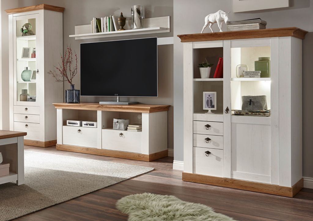 Wohnwand "Hemsby" in weiß Pinie und Eiche Wotan Landhaus Schrankwand 4-teilig