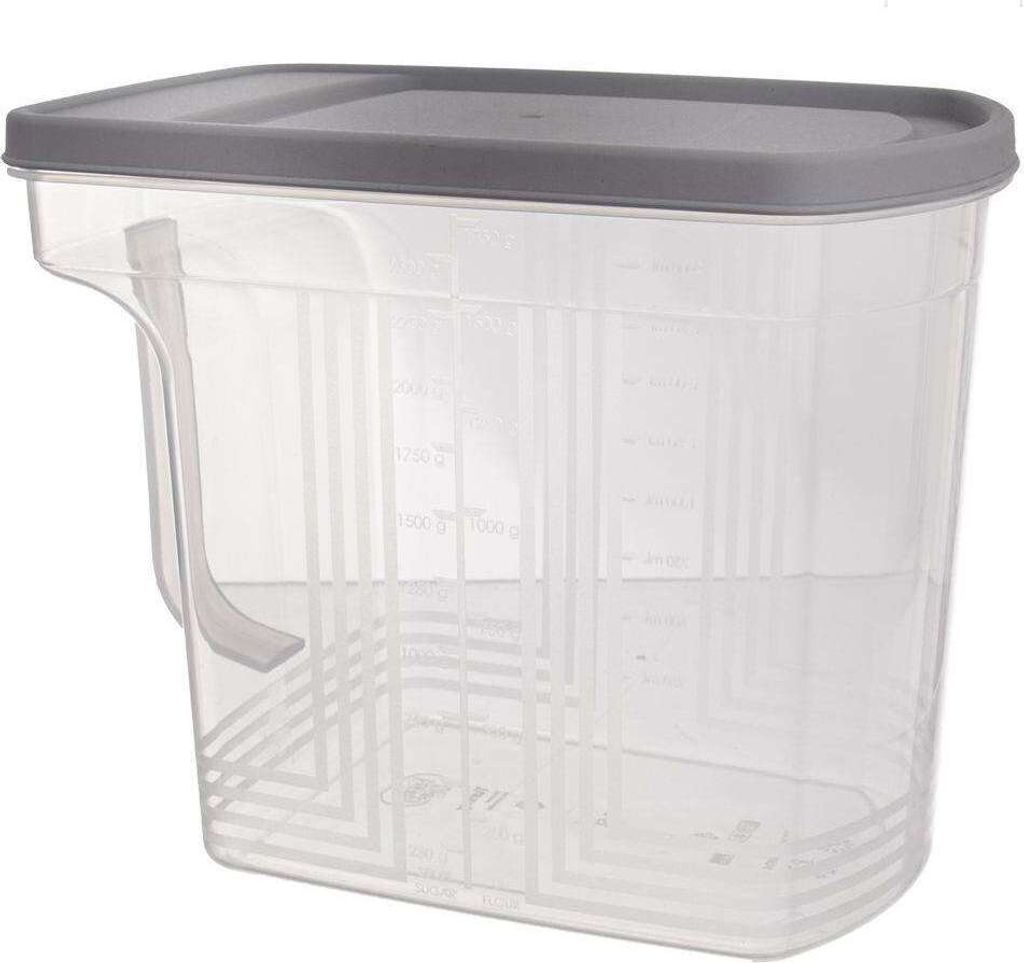 A clear, studio shot of a transparent food storage container with a gray lid.