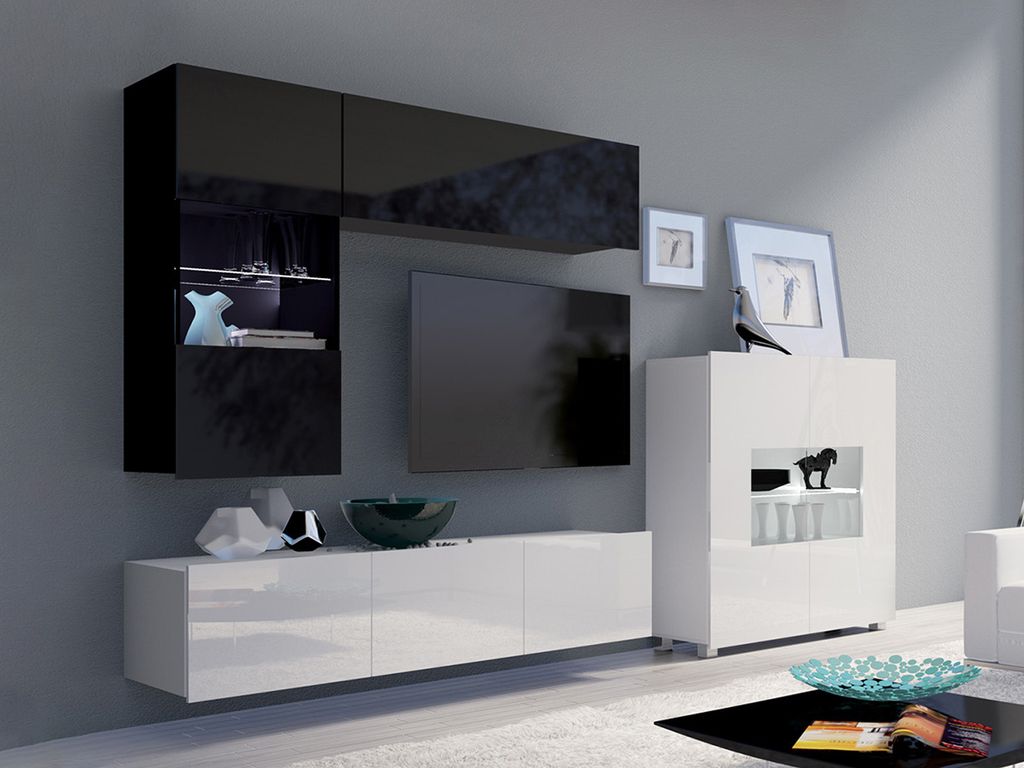 Wohnzimmer-Set CALABRINI-3 Wohnwand Hängewohnwand Schrankwand mit LED-Beleuchtung TV-Schrank Vitrine Kommode Moderne Anbauwand Hochglanz (Schwarz ...