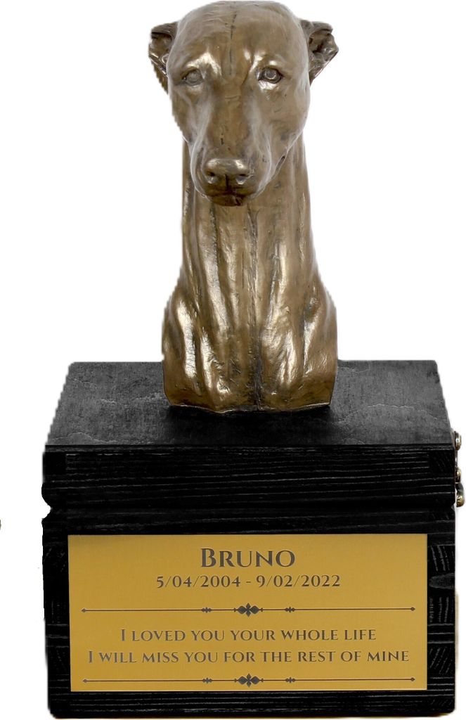Whippet, Kleiner Englischer Windhund - eine Urne mit Gravur und Hundeskulptur, letzter Abschied, handgefertigtes Produkt der Marke Art-Dog