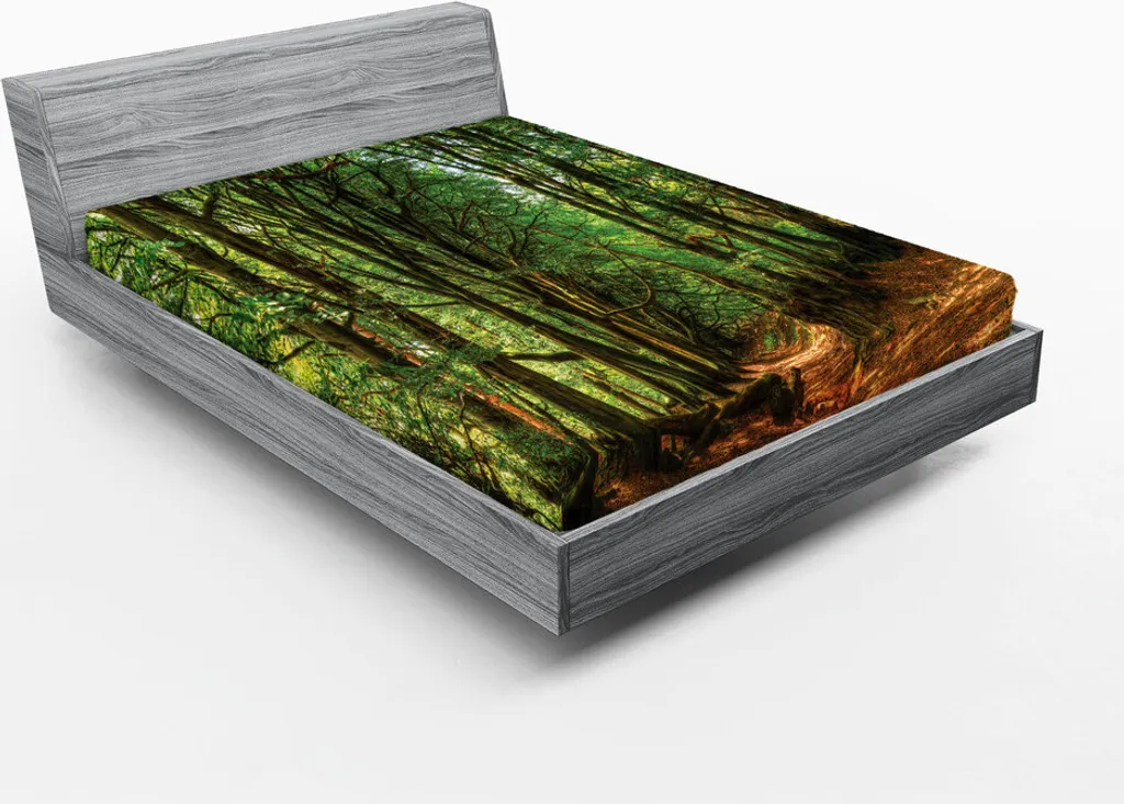 ABAKUHAUS Lenzuolo con angoli, scena boschiva con alberi e sentiero, foglie, tronchi, immagine verde all'aperto, 180 x 200 cm, verde marrone