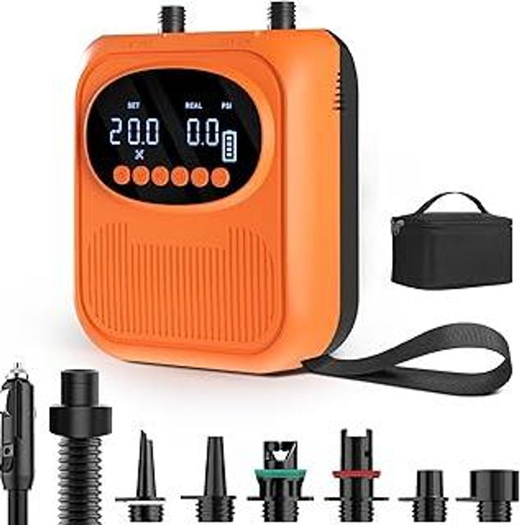 Elektrische SUP Pumpe 20 PSI, Kabellos Wiederaufladbar, 5 Modi & Custom Modus, Kompakt mit Trageschlaufe, Auto-Off & PSI/Pa Umschaltung, Luftpumpe ...