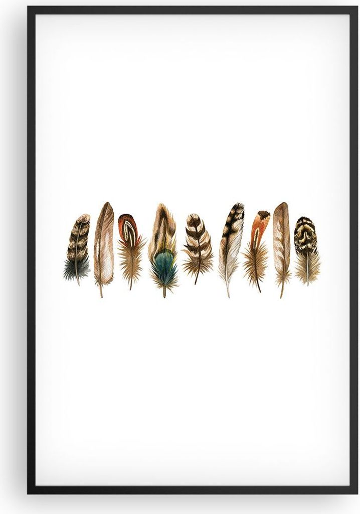 Gerahmtes Poster - Schwarzer Rahmen - Weiß Hintergrund Federn - 61x91,5 cm - Wand Bild - Wanddeko - Wandbilder - Kunstposter - Wandposter - Bilder...