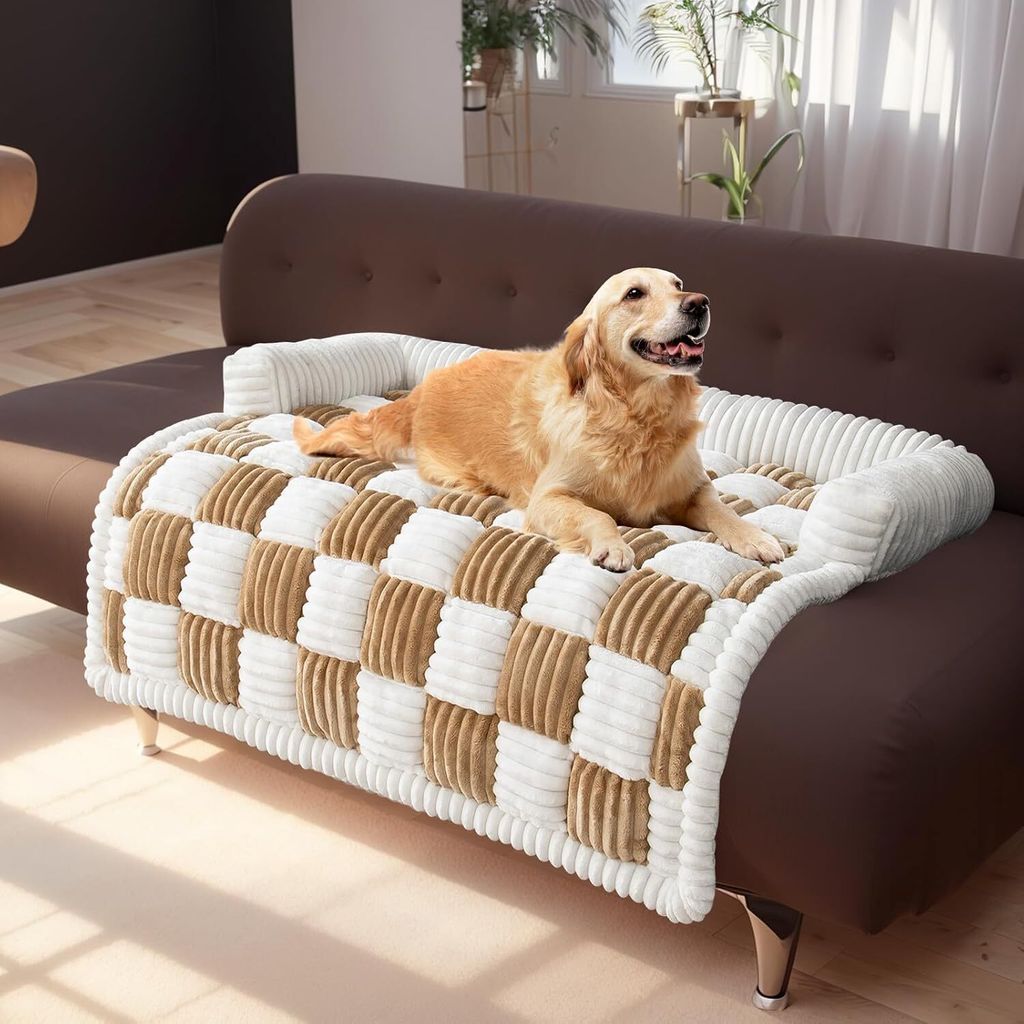 (90*90cm, Hellbraun)Plüsch-Schachbrett-Haustierbett für Hunde und Katzen – weiches, quadratisches, kariertes Kissen, gemütliche Haustierma...
