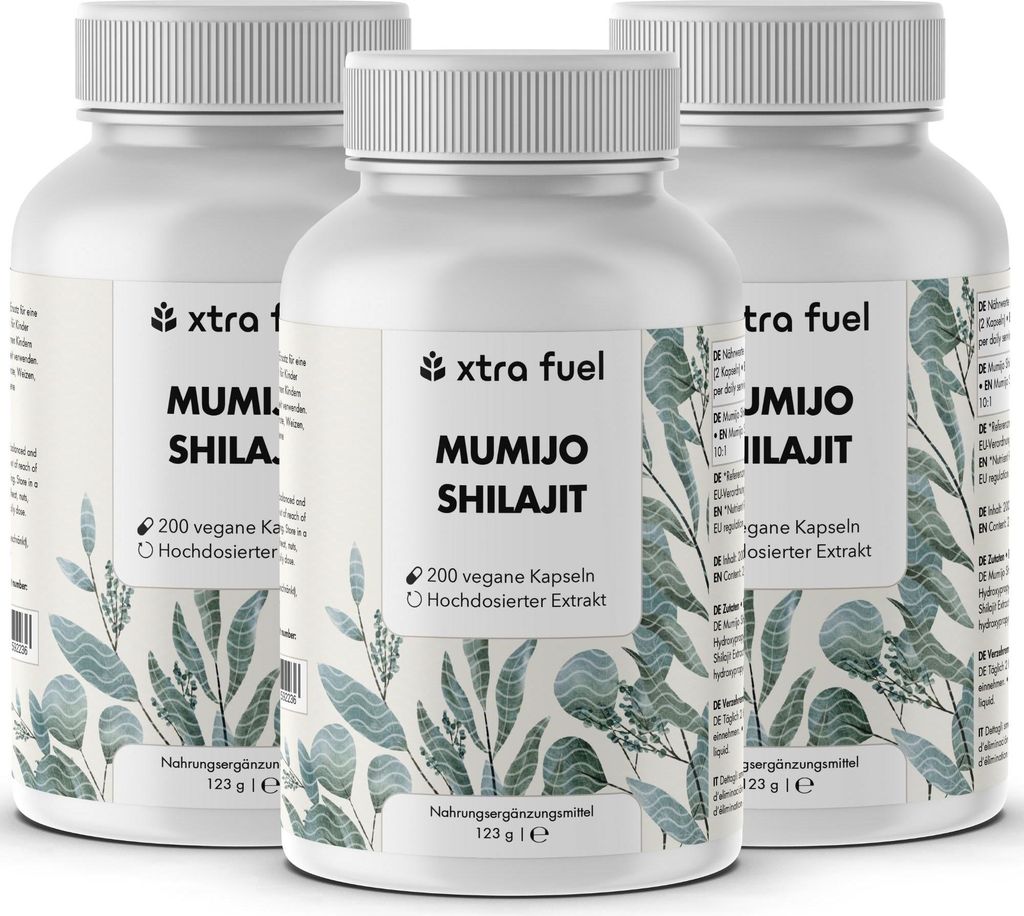 Shilajit Kapseln - 200x Mumijo Kapseln - Mit >80% Fulvinsäure – 3x Dosen (600x Kapseln Mumijo)