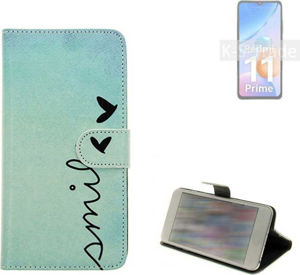 K-S-Trade Schutz Hülle Handy Hülle kompatibel mit Xiaomi Redmi 11 Prime Hülle Handyhülle cover bookstyle Etui Handyhülle ''smile'' türkis