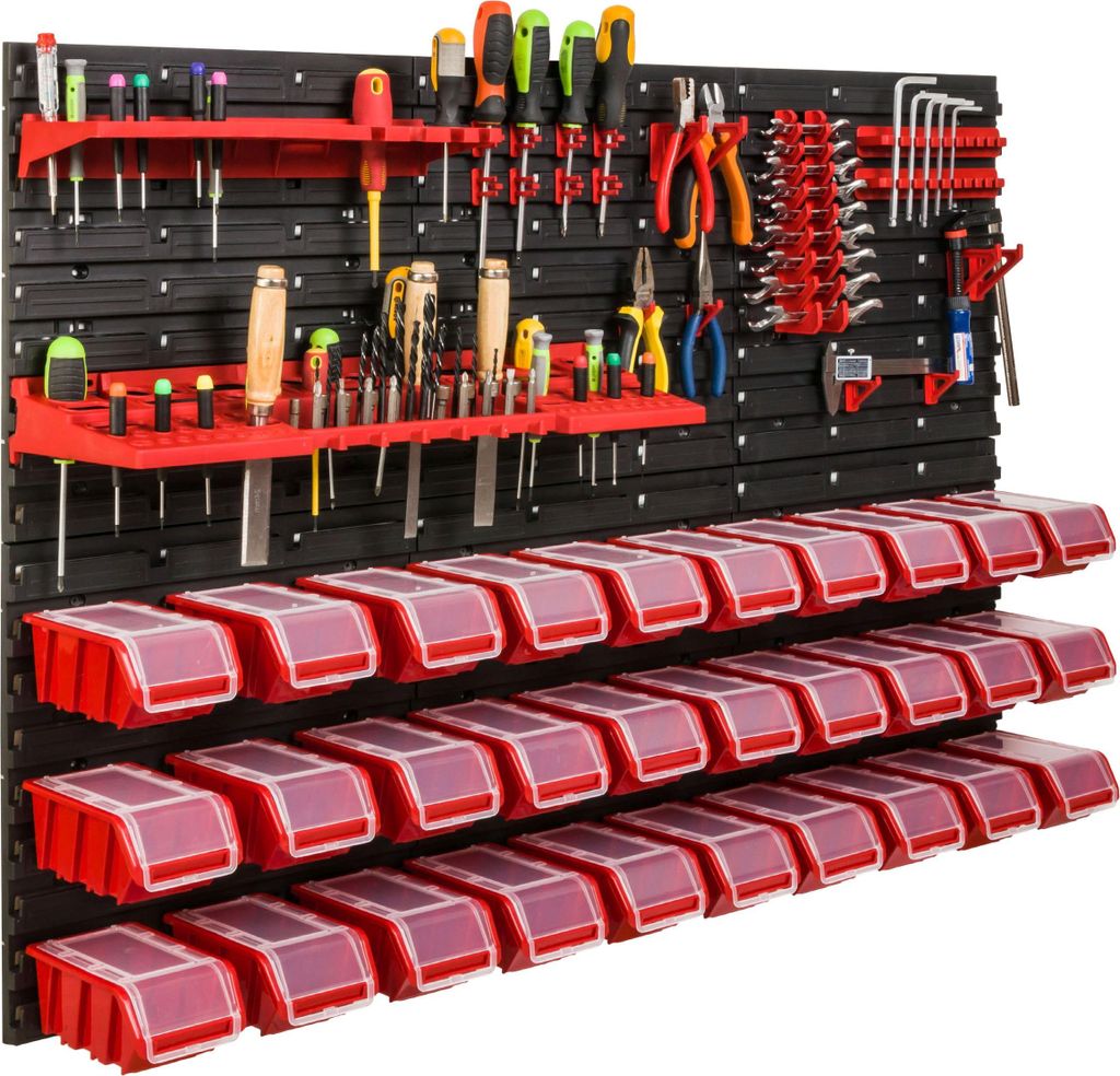 Lagersystem Werkstattregal | 117 x 78 cm | 30 stck. Box | Wandregal mit Stapelboxen - Wandplatten Extra Starke Schüttenregal Warkzeuglochwand Lage...