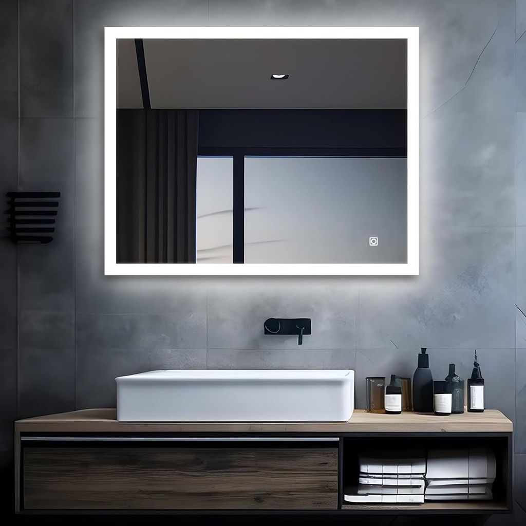 MIQU Badspiegel 60x50cm LED Beleuchtung Rechteck Kaltweiß 6500k Touch Wandspiegel Badezimmerspiegel