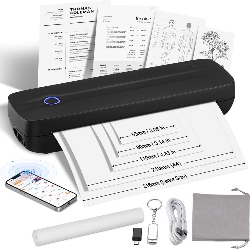 Tragbarer Bluetooth-Drucker - Tintenloser Thermodrucker - USB-Drucker für iOS - 2600mAh Akku - ideal für Unterwegs