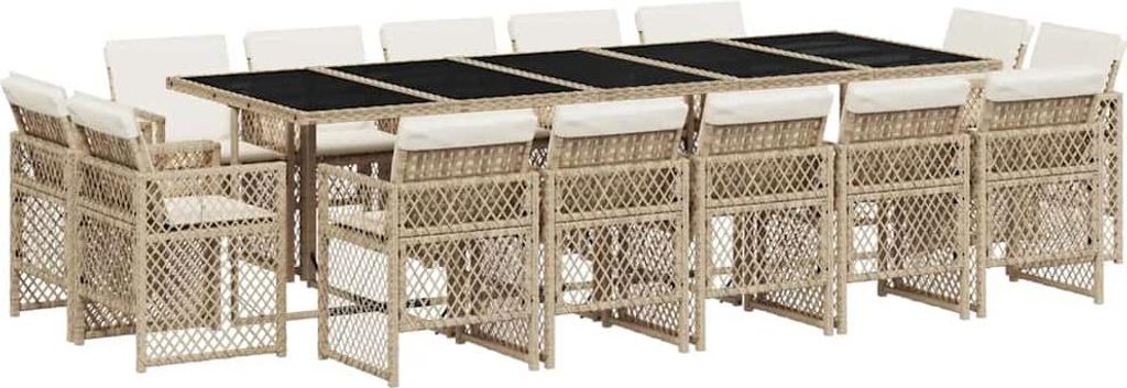 vidaXL 15-tlg. Garten-Essgruppe mit Kissen Beige Poly Rattan