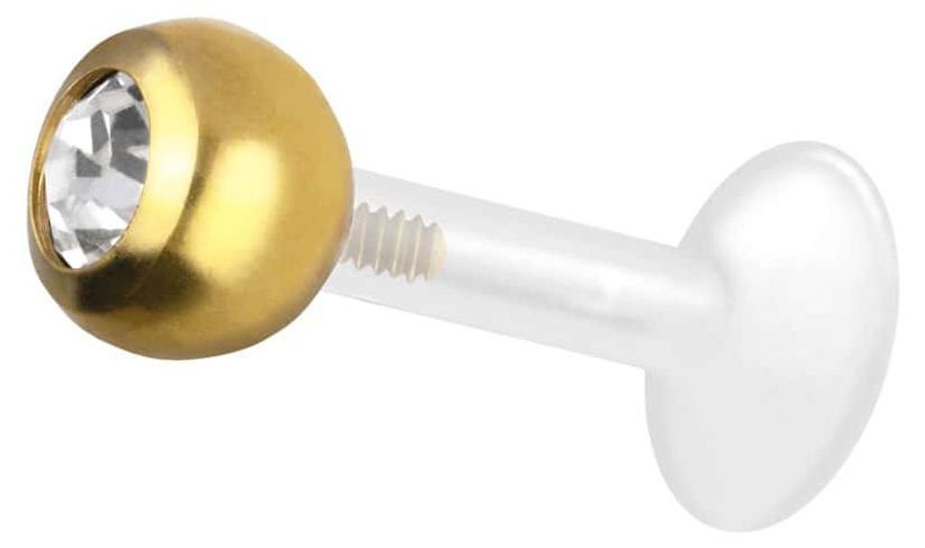 Ohrpiercing, Nasenpiercing PTFE Labret mit Innengewinde + Titan-Aufsatz KRISTALL Gold Stablänge: 6mm + Stabstärke: 1,6mm + Kugelgröße: 5mm