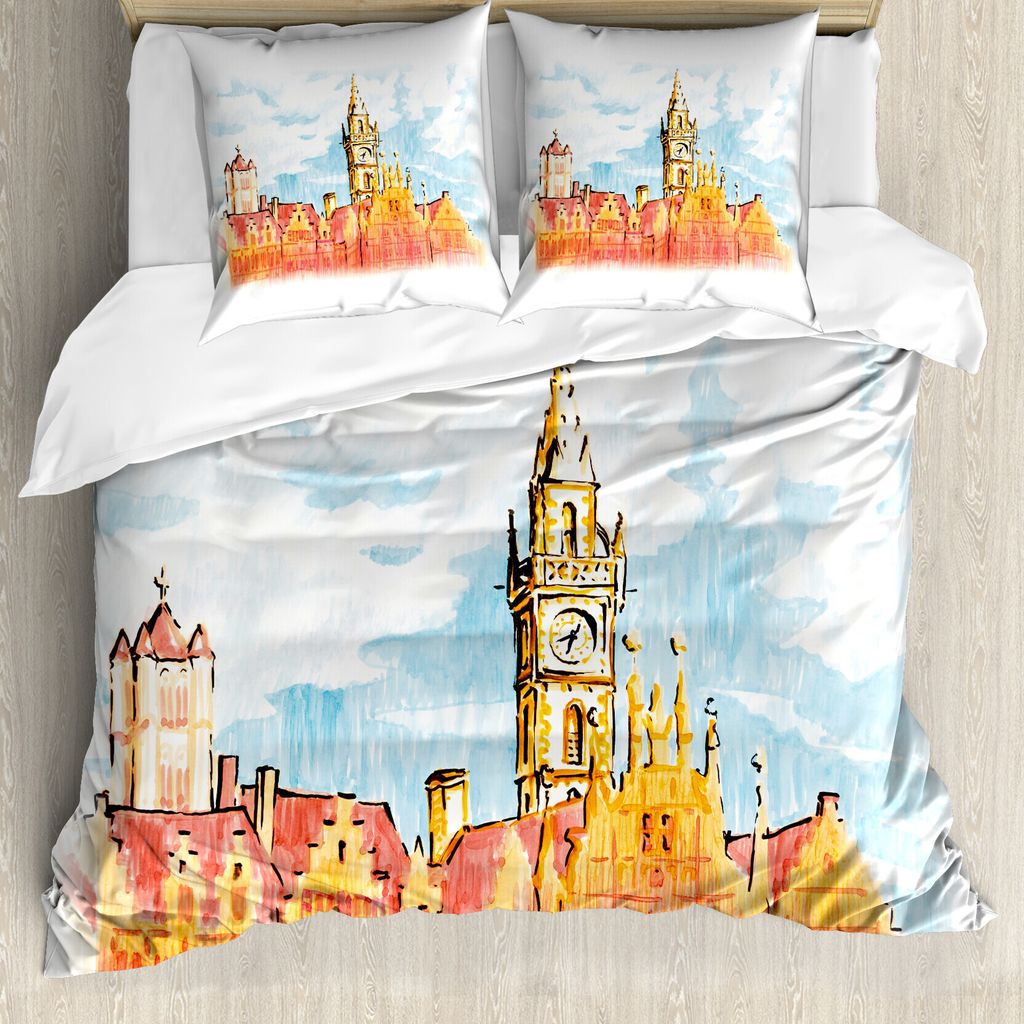 ABAKUHAUS Reise Bettbezug Set für Einzelbetten, Ansicht von Gent Clock Tower, Milbensicher Allergiker geeignet mit Kissenbezug, 200 cm x 200 cm - ...