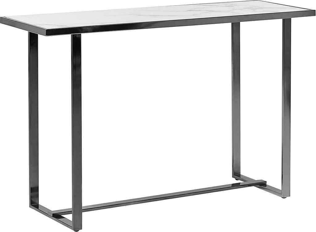 BELIANI Konsolentisch Weiß und Silber Sicherheitsglas Marmor Optik Rechteckig Schmal Gestell aus Stahl für Schlafzimmer Wohnzimmer Flur Diele Küche