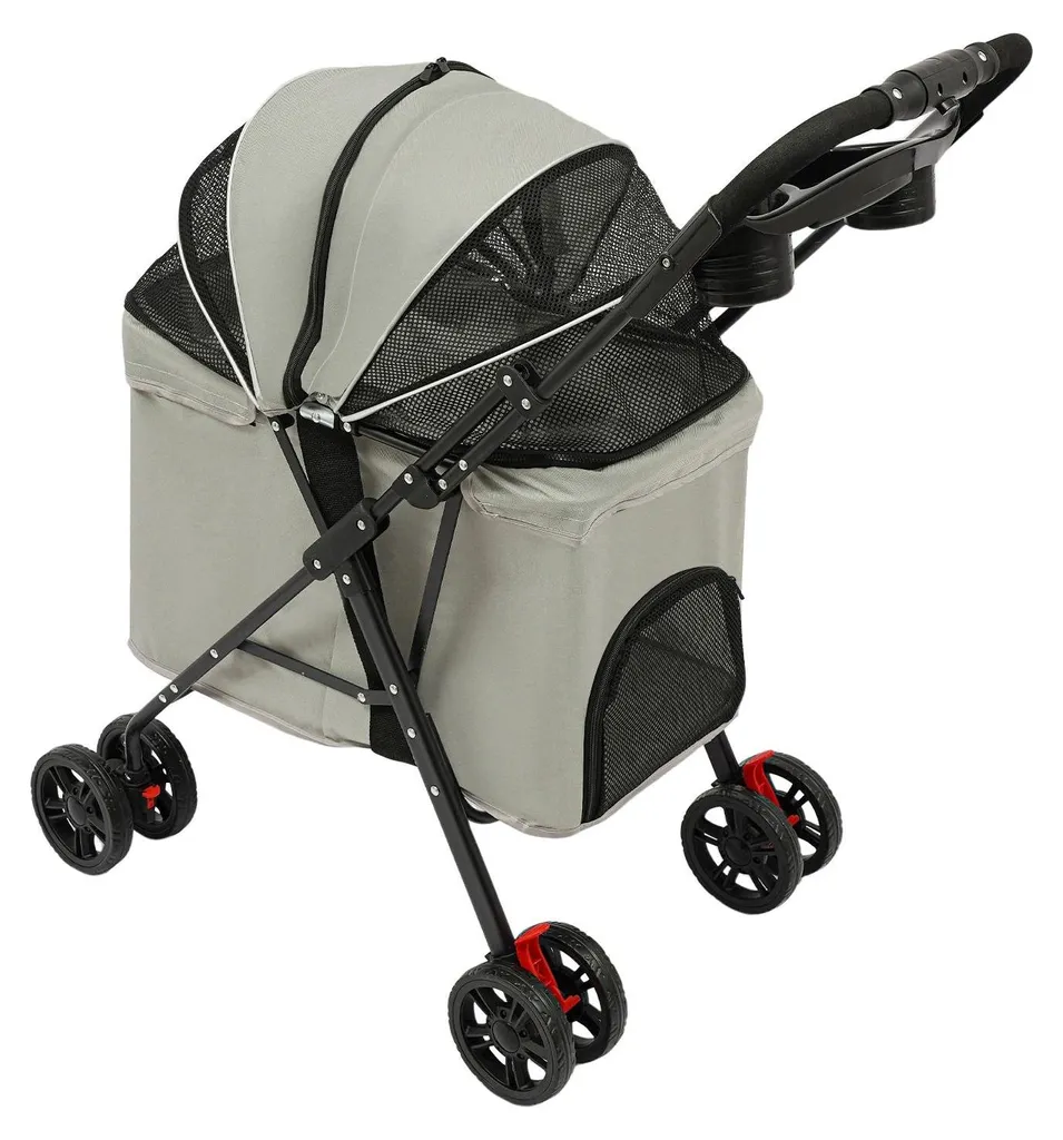Poussette pour chien et chat en acier carbone gris - Panier 60x33x38 cm