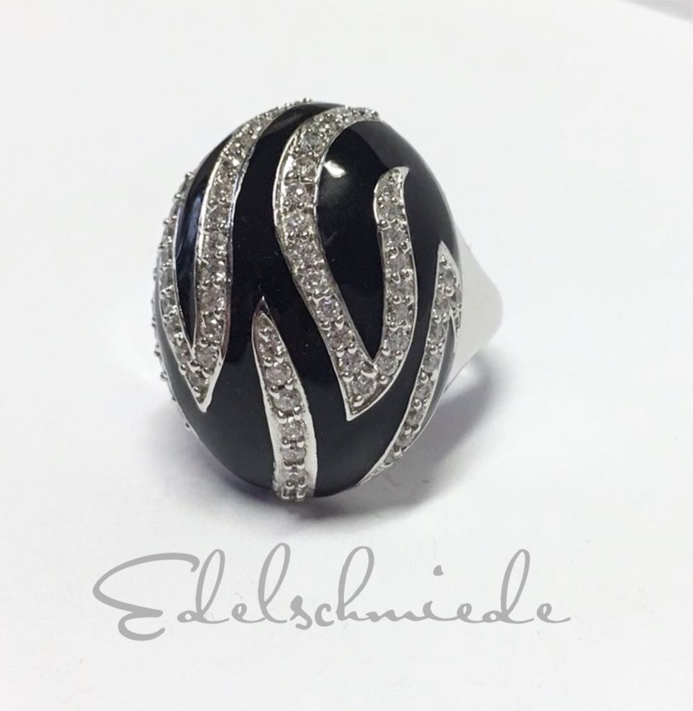 Edelschmiede925 Damenring 925 rhod mit schwarzem Lack und Zirkonia Ringgröße 54
