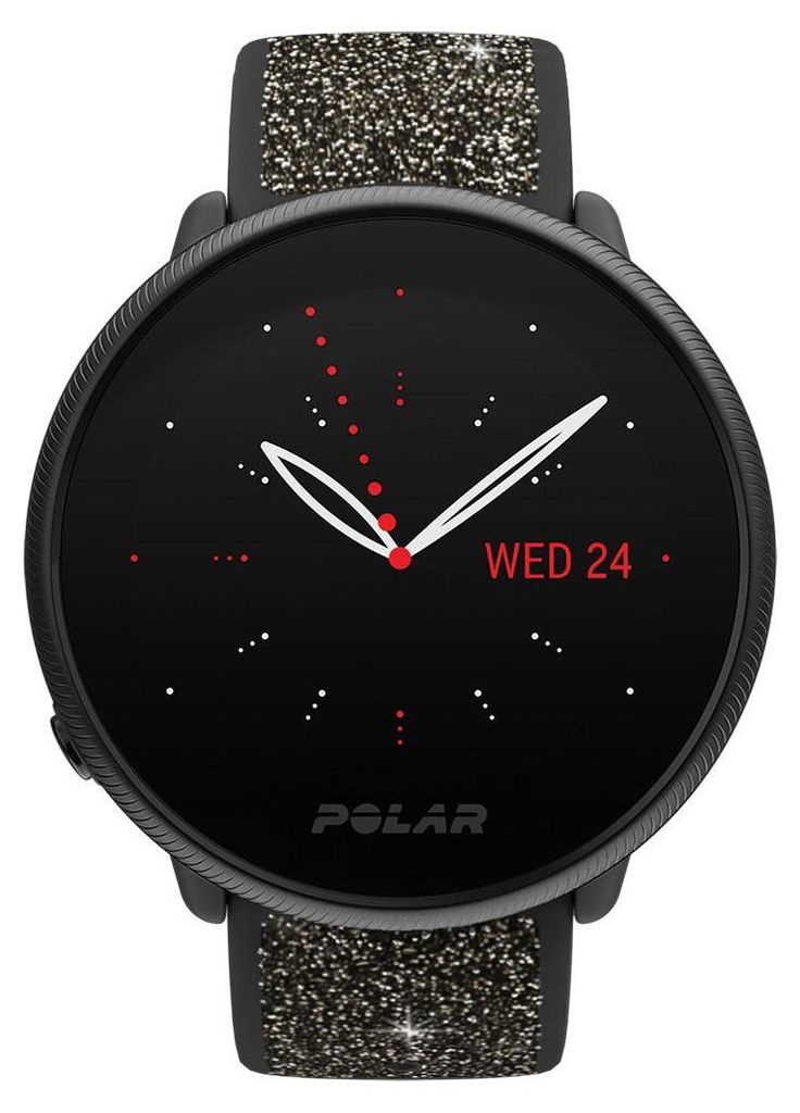 A close-up of a Polar Ignite 2 smartwatch with a black face and a glittery strap.