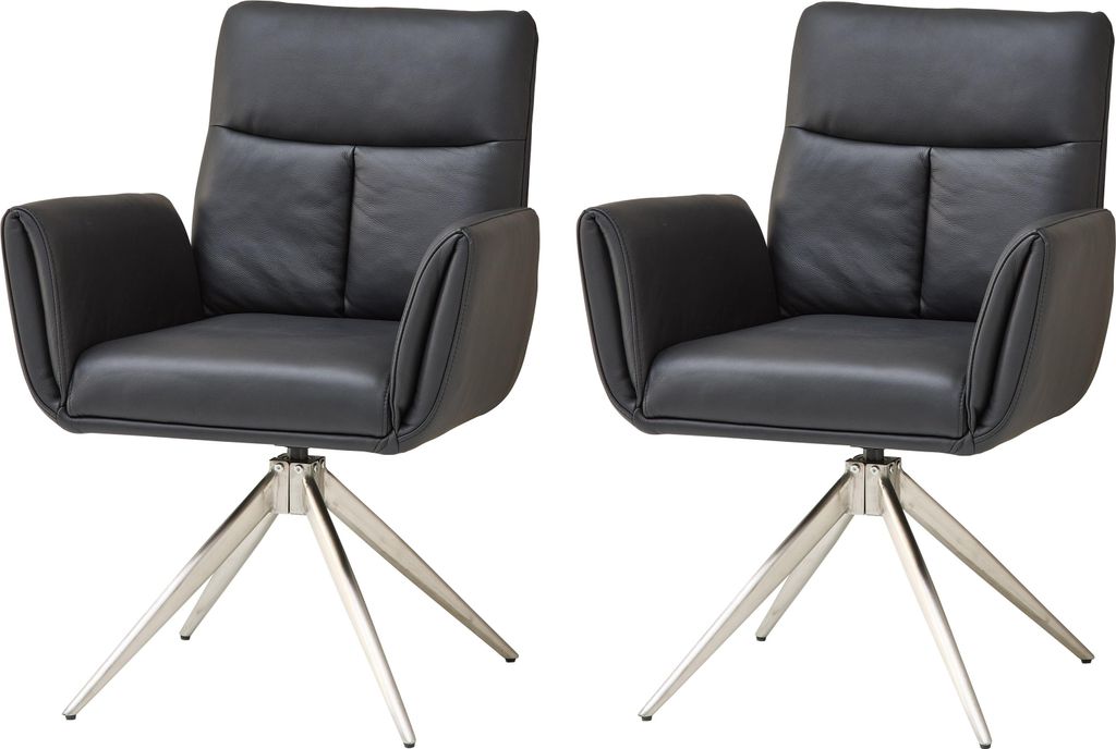 Armlehnstuhl >Sofia Premium< (2er Set) Federkern, drehbar, Leder schwarz,Edelstahl - 61x94x67 BxHxT