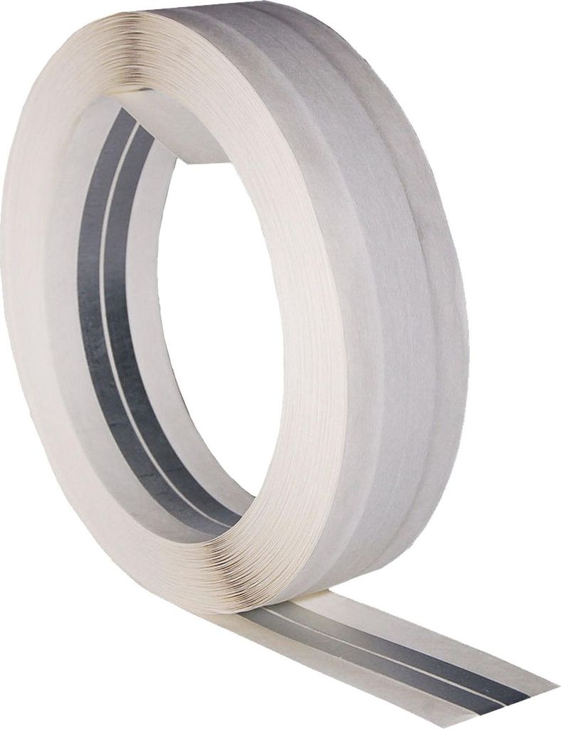 A roll of aluminum edge protection tape with gray stripes.