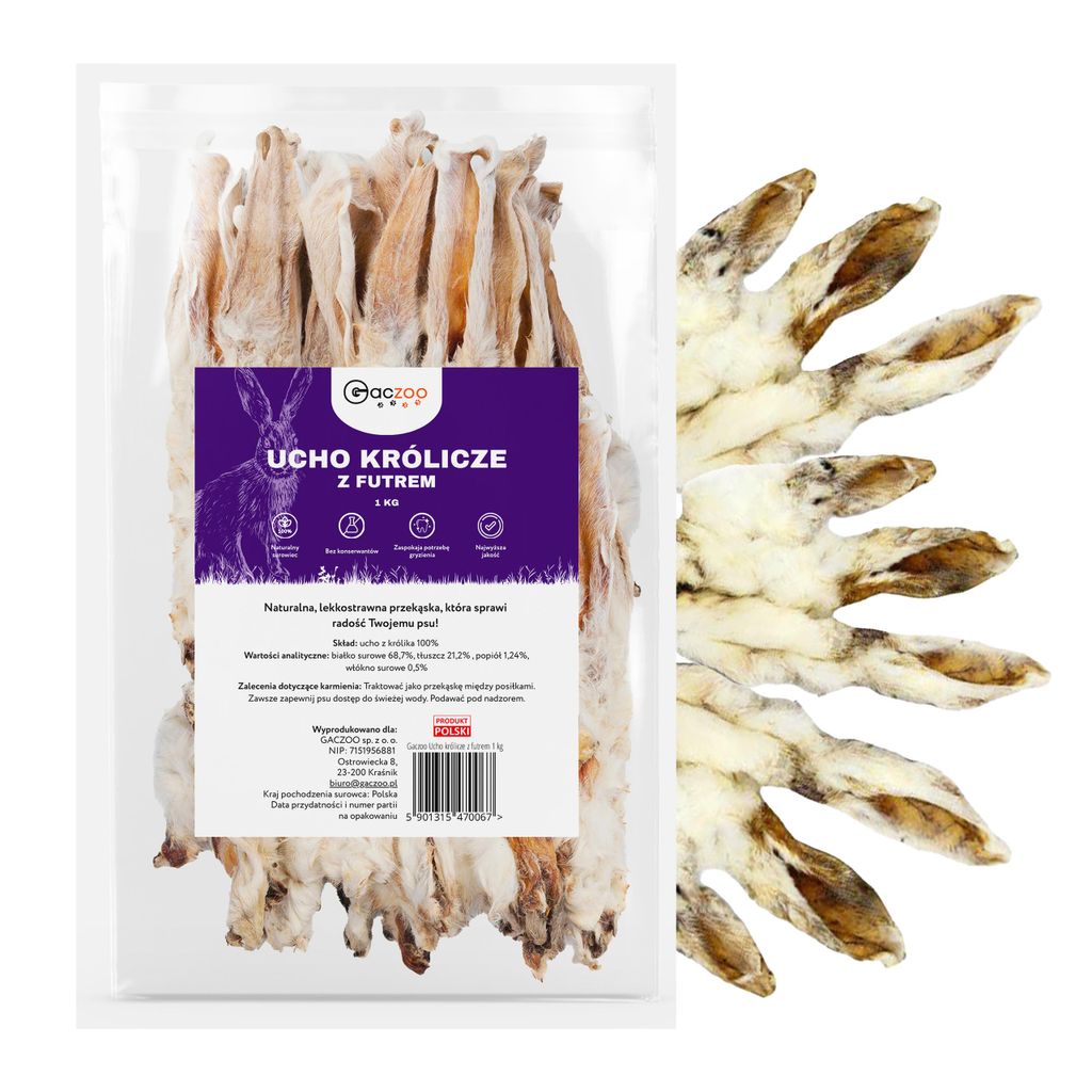 Gaczoo, Kaninchenohren mit Fell für Hunde, Hundeleckerli Getrocknet, 1kg