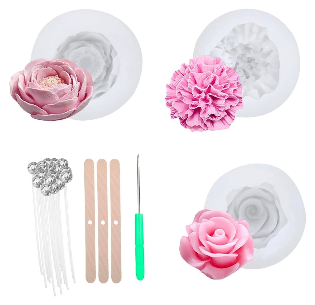 3 Stück Silikonformen für Blumenkerzen, inklusive Kerzendochte und Ahle