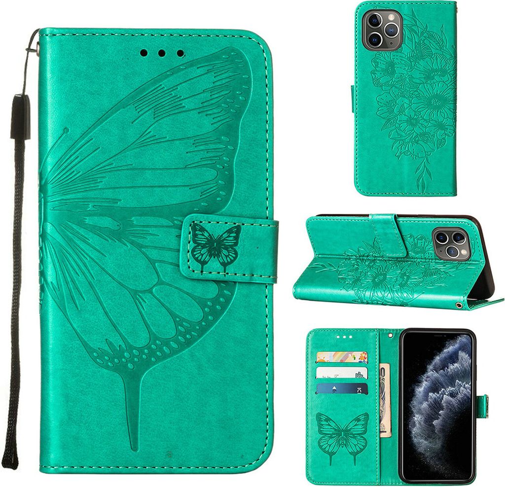 iPhone 11 Pro Hülle, Schmetterling Prägung Flip Leder Kartenfächer Schutzhülle Ledertasche mit Ständer für iPhone 11 Pro Grün