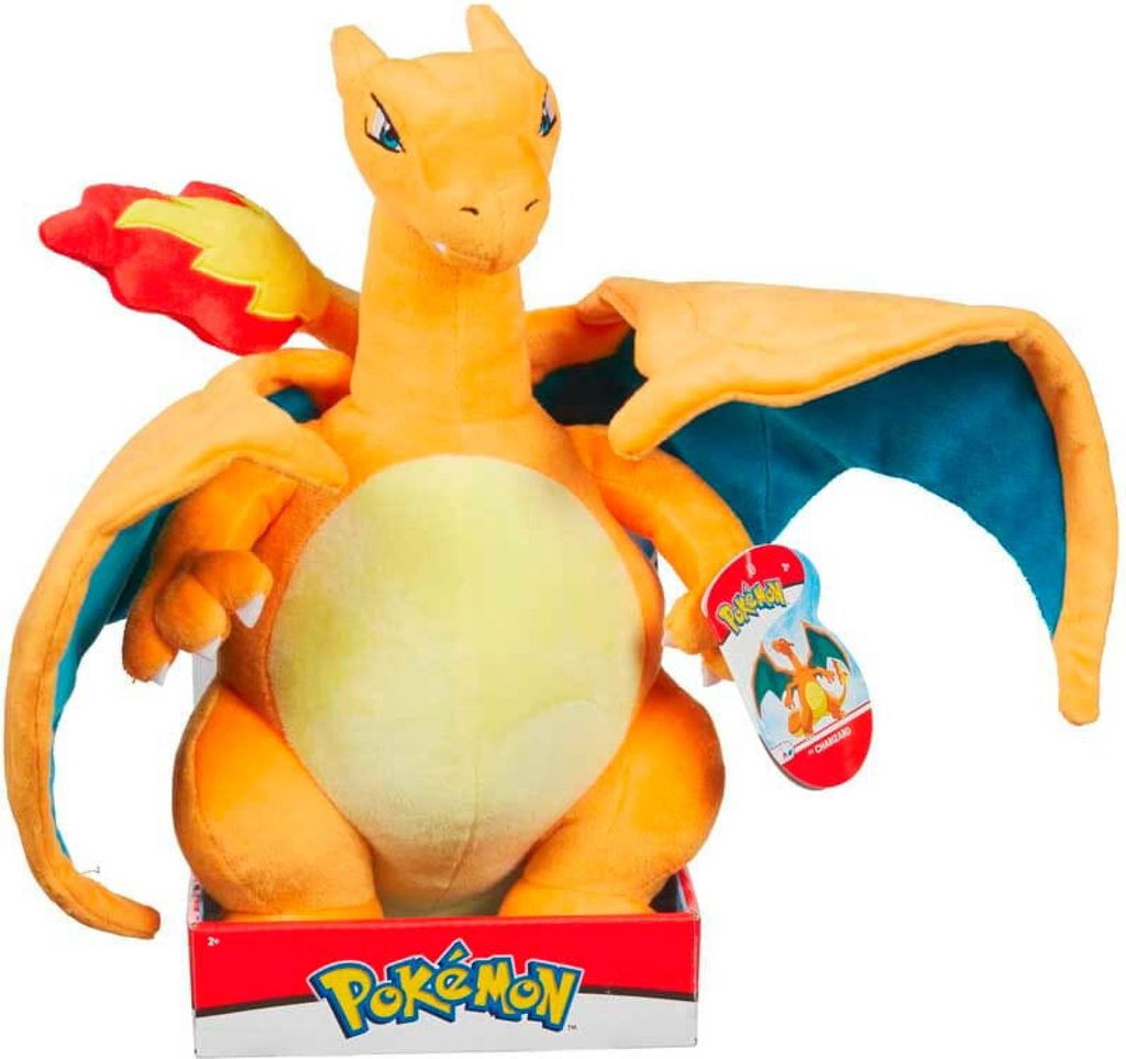 A plush toy of the Pokémon character Charizard is displayed in its packaging.
