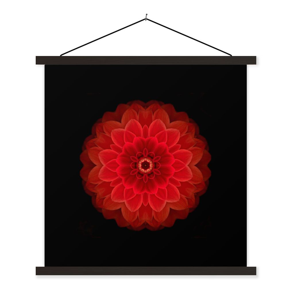 MuchoWow Textilposter Orangefarbenes Dahlienmandala auf schwarzem Hintergrund 120x120 cm mit schwarzem Rahmen - Aufhängungsset