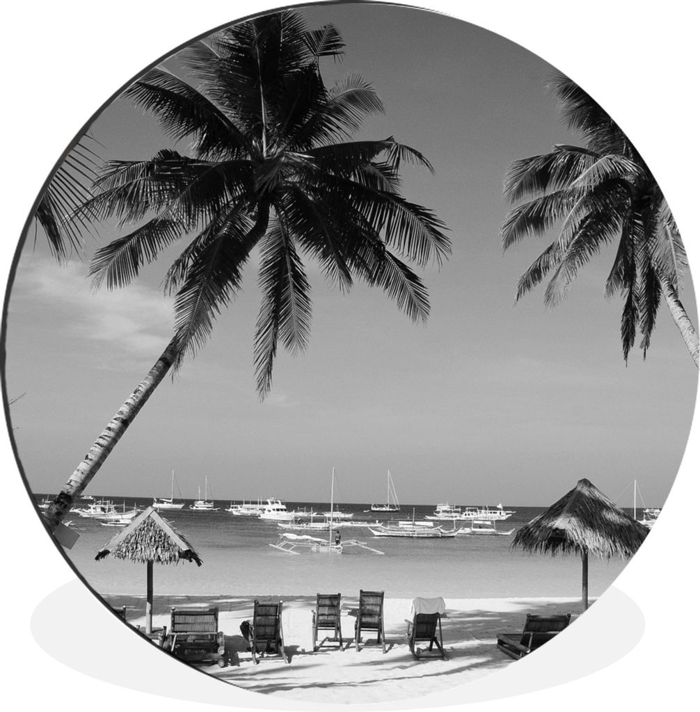 MuchoWow Aluminium Wandkreis Palmen und Liegestühle am Strand von Boracay - schwarz und weiß Ø 30 cm Wanddeko Modern Wohnzimmer - Wand Bild - ...