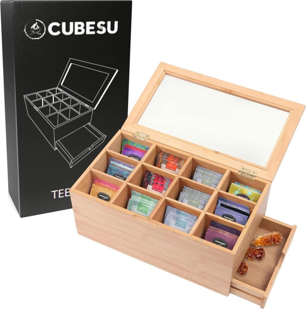 Premium Holz Teebox 12 Fächer mit Sichtfenster & Schublade Produktbild 