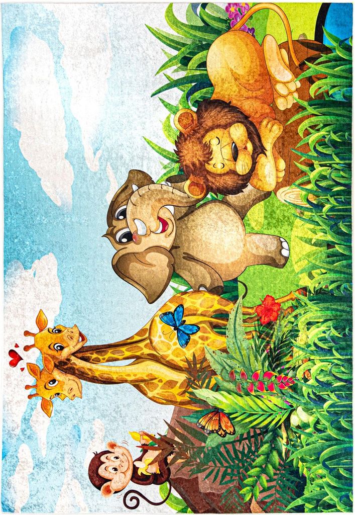 Mazovia Kinderteppich Zoo Bunt Grün 140x200 cm Kurzflor Pflegeleicht Spielteppich für Kinderzimmer
