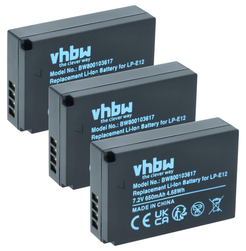 vhbw 3x Akku kompatibel mit Canon EOS M10, M, M50, M200, 100D, Kiss X7, M50 Mark II, Rebel SL1, M2, 100, M100 Kamera (650 mAh, 7,2 V, Li-Ion)
