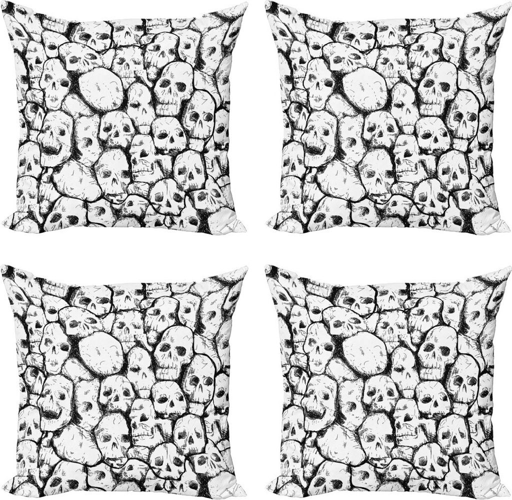 ABAKUHAUS Schädel Kissenbezug Set (4 Stück), Grungy Schädel-Halloween, Moderner Doppelseitiger Digitaldruck, 60 cm x 60 cm, Weiß schwarz
