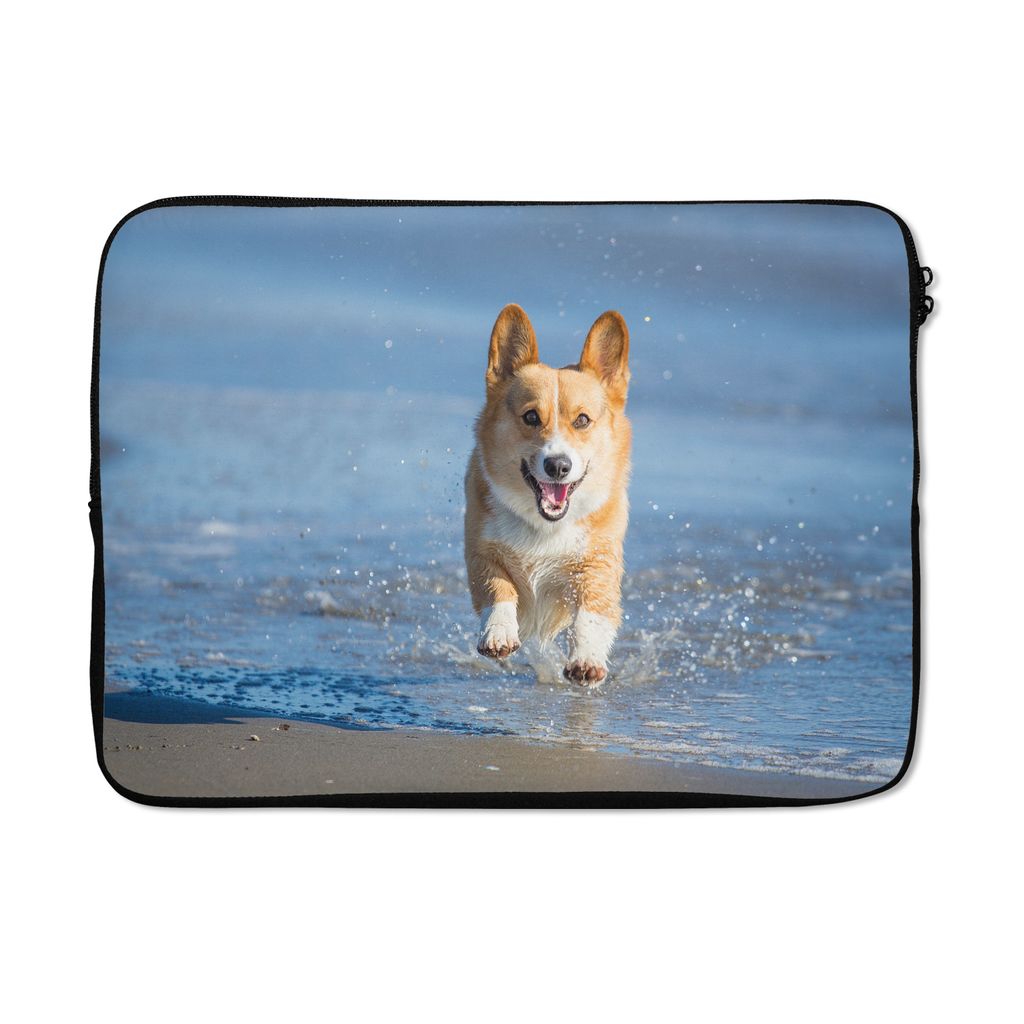 MuchoWow Laptop Hülle 13 Zoll Enthusiastischer Corgi rennt durch das Wasser Laptoptasche - Laptophülle - Sleeve - Rundumschutz