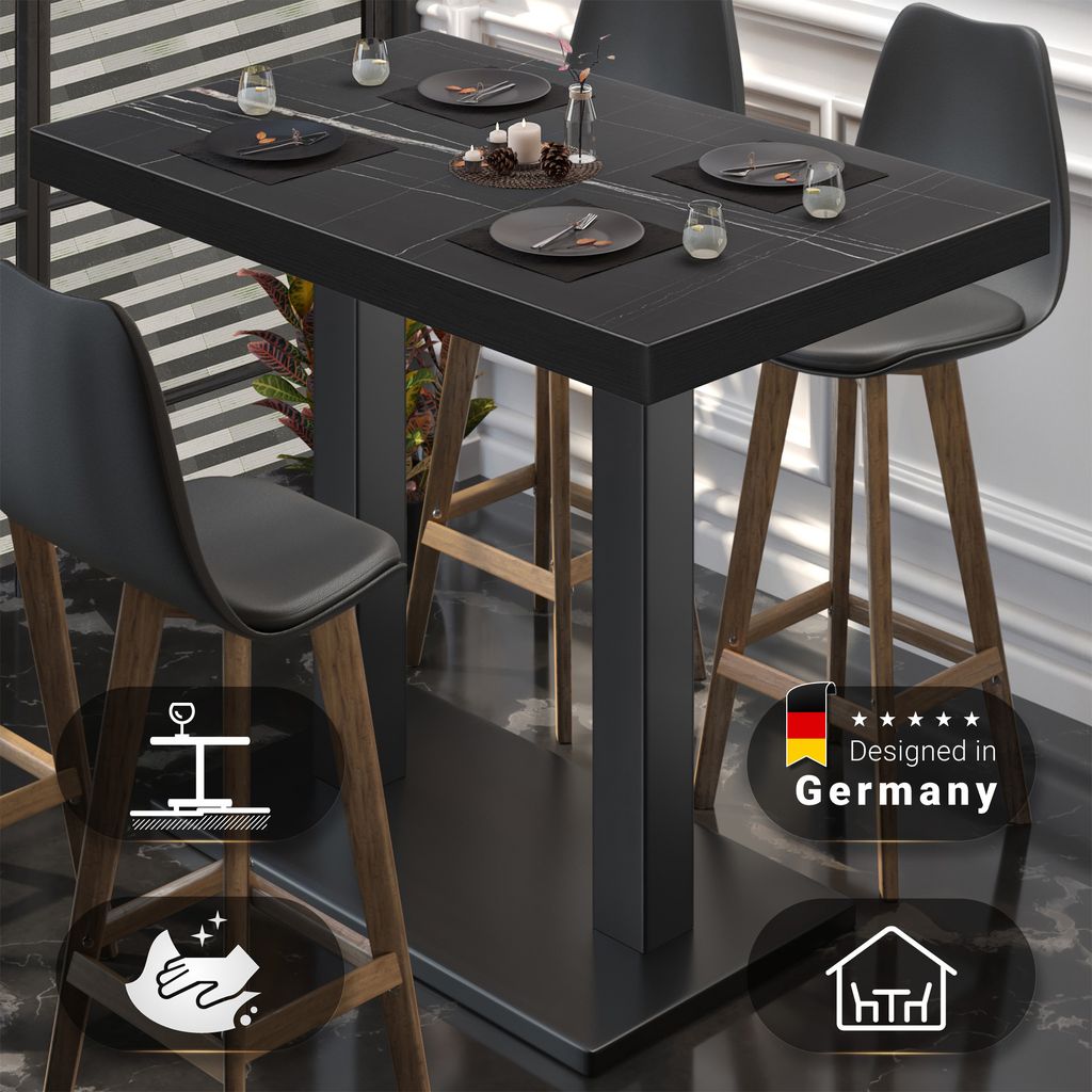 BM | Bistro Stehtisch | 120 x 70 x 110 cm | Rechteckig | Schwarzer Rand | Schwarz Marmor / Schwarz | Gastro Steh Tisch Restaurant