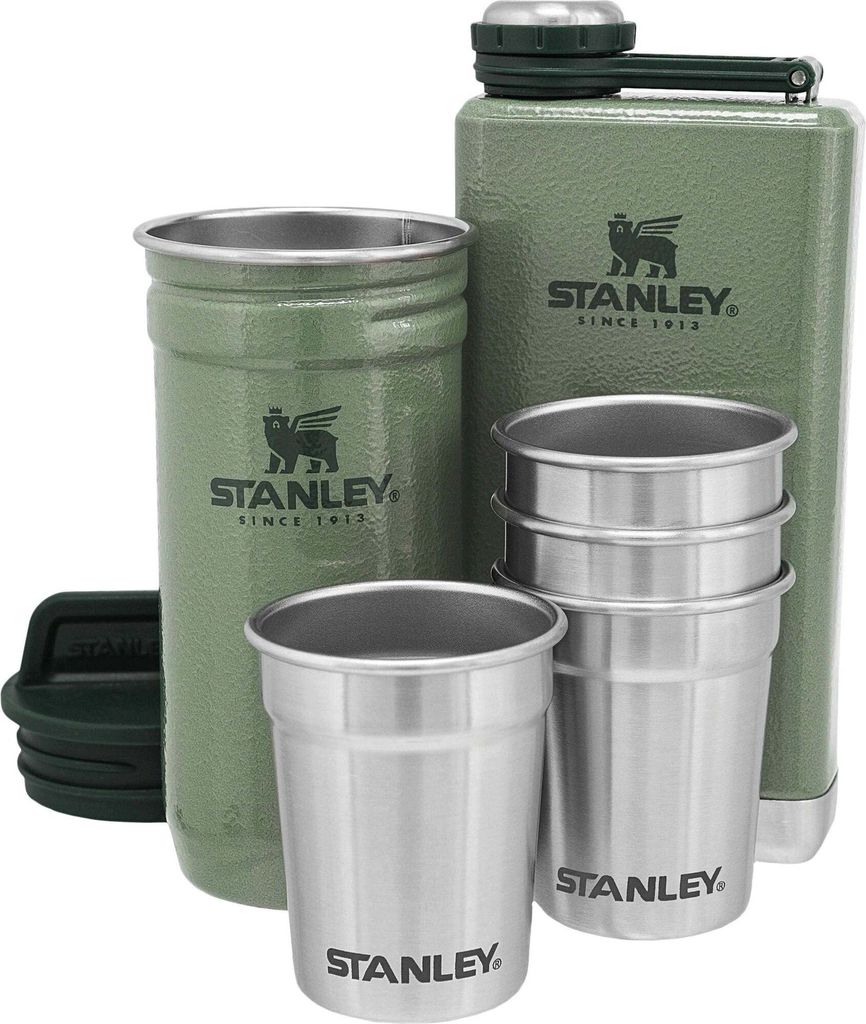 A set of Stanley shot glasses and a flask on a white background.